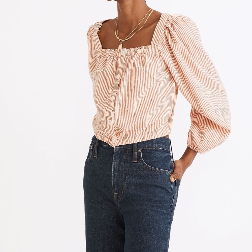 Madewell Puff-Sleeve Button-Front Crop Top in Embroidered Stripe sz: XXS NEW